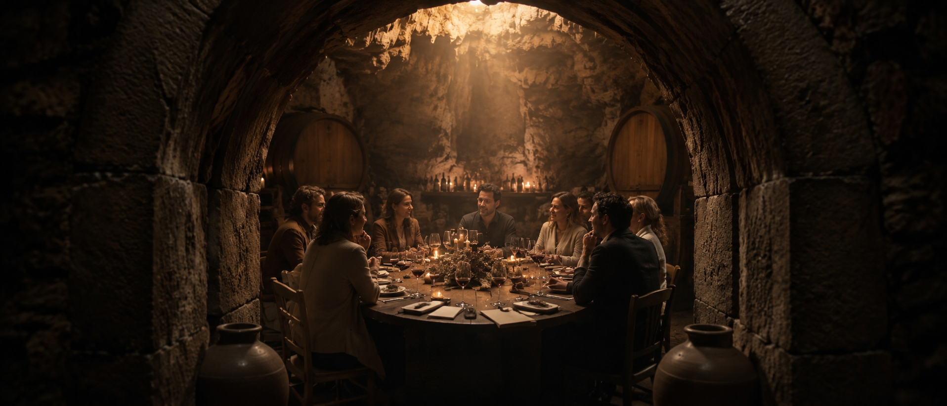 A wide architectural-threshold composition: the cave archway frames the Council seated at a circular table inside, candle pillars at the center, barrel stacks flanking, a shaft of natural light piercing the back wall.